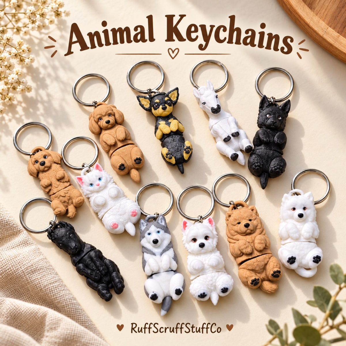 Animal keychains with several dog and cat designs