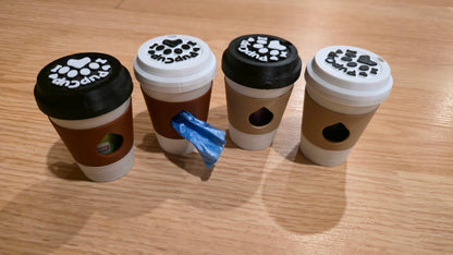 Coffee cup dog waste bag dispensers with paw print lids