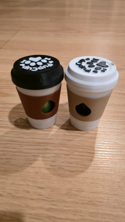 Coffee cup dog poop bag holders with black and white lids