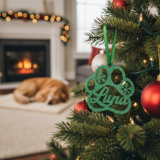Custom Dog Paw Print Ornament – Personalized Pet Name Christmas Tree Decoration for Dog Lovers