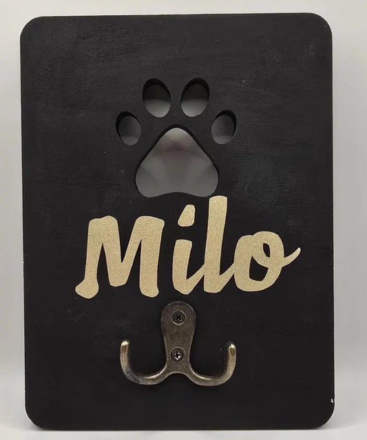 Personalized Dog Leash Holder – Black & Gold Paw Print Wall Hook
