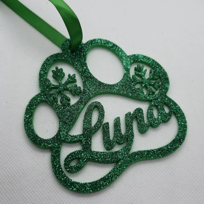 Green paw print ornament with glitter and pet name