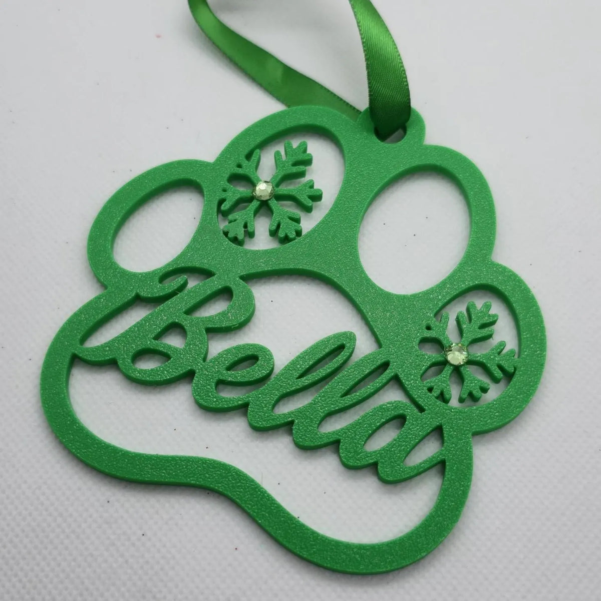 Green paw print ornament, plain with stone