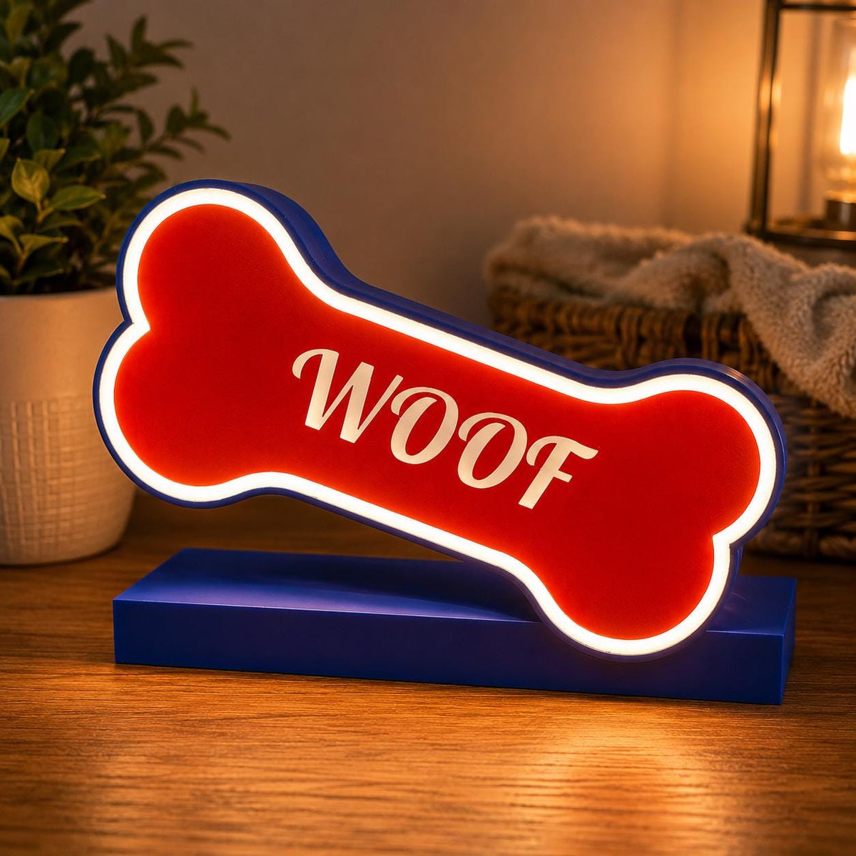 Personalized dog bone light box glowing with a white border