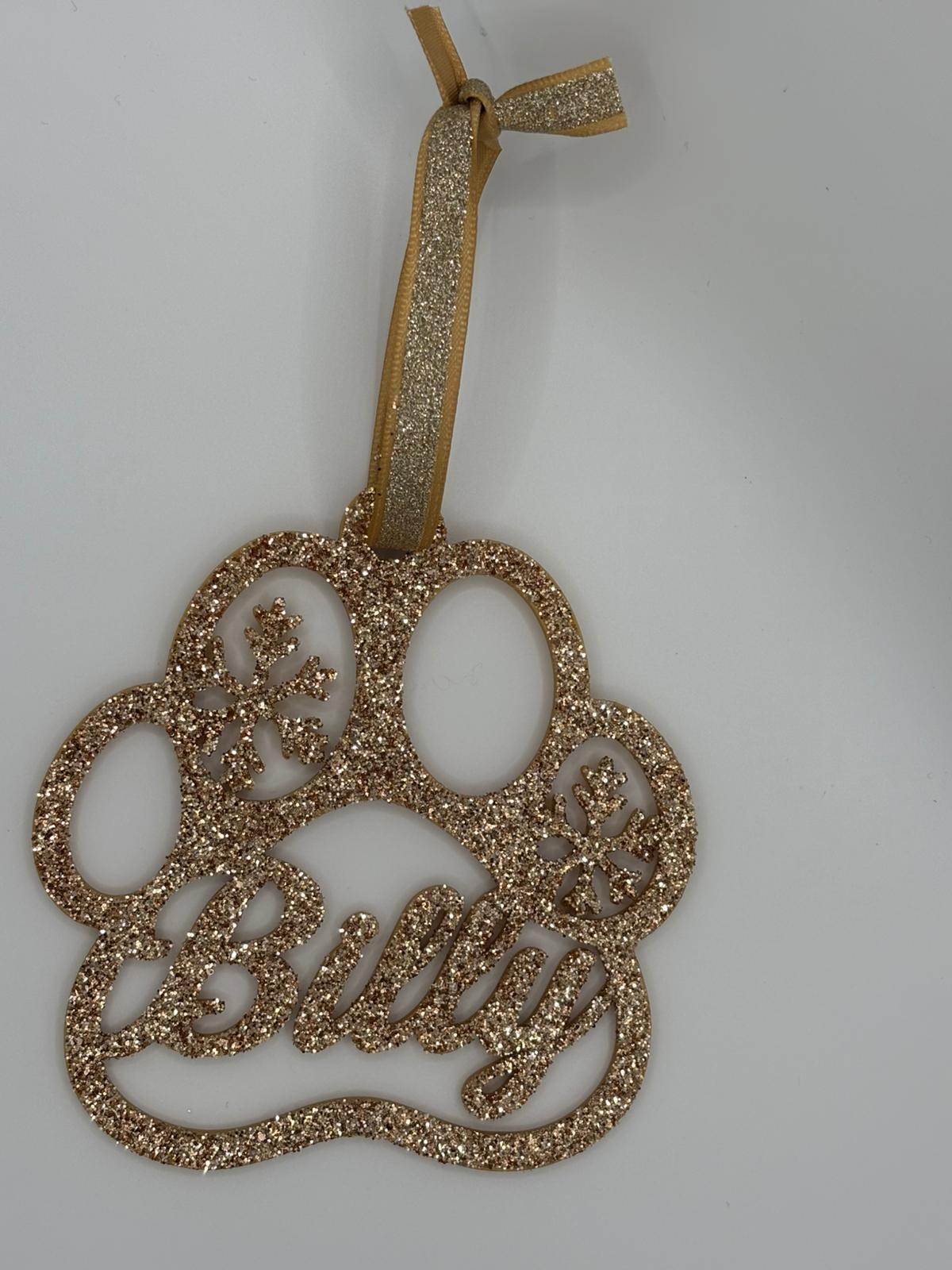 Gold paw print ornament with glitter and pet name