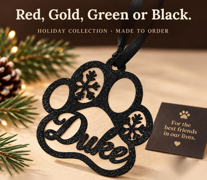 Personalized glitter paw print ornament in red, gold, green or black